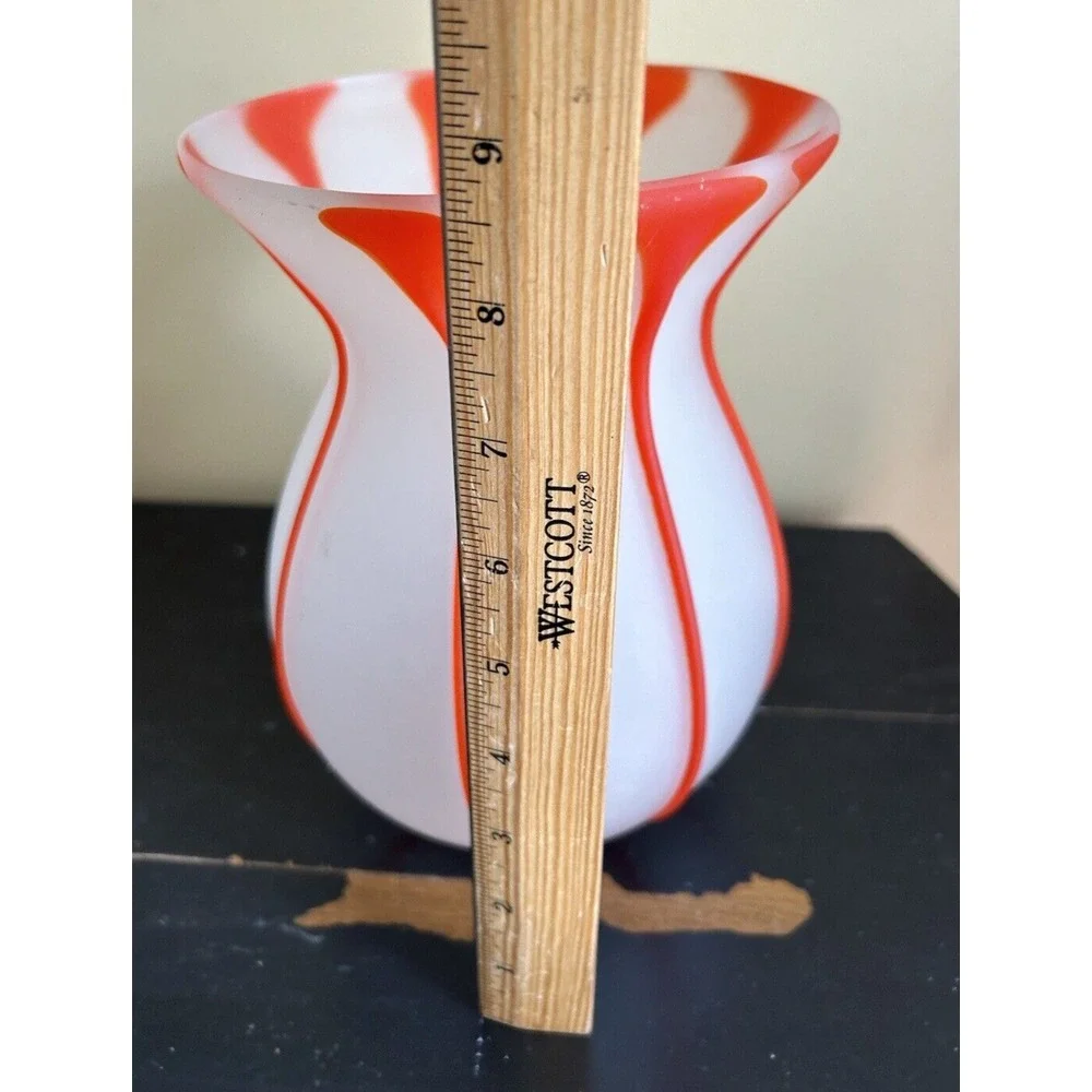 hand Blown Satin Glass With‎ Orange Textured Stripes Vase approx 8-1/2